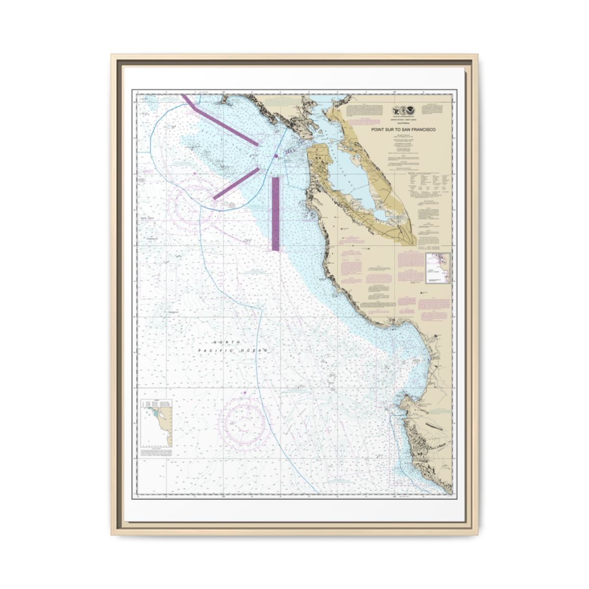 Chart 18680 Point Sur to San Francisco - NOAA Nautical Chart Floating Frame Canvas | 24" x 32" | 30" x 40" - Natural front
