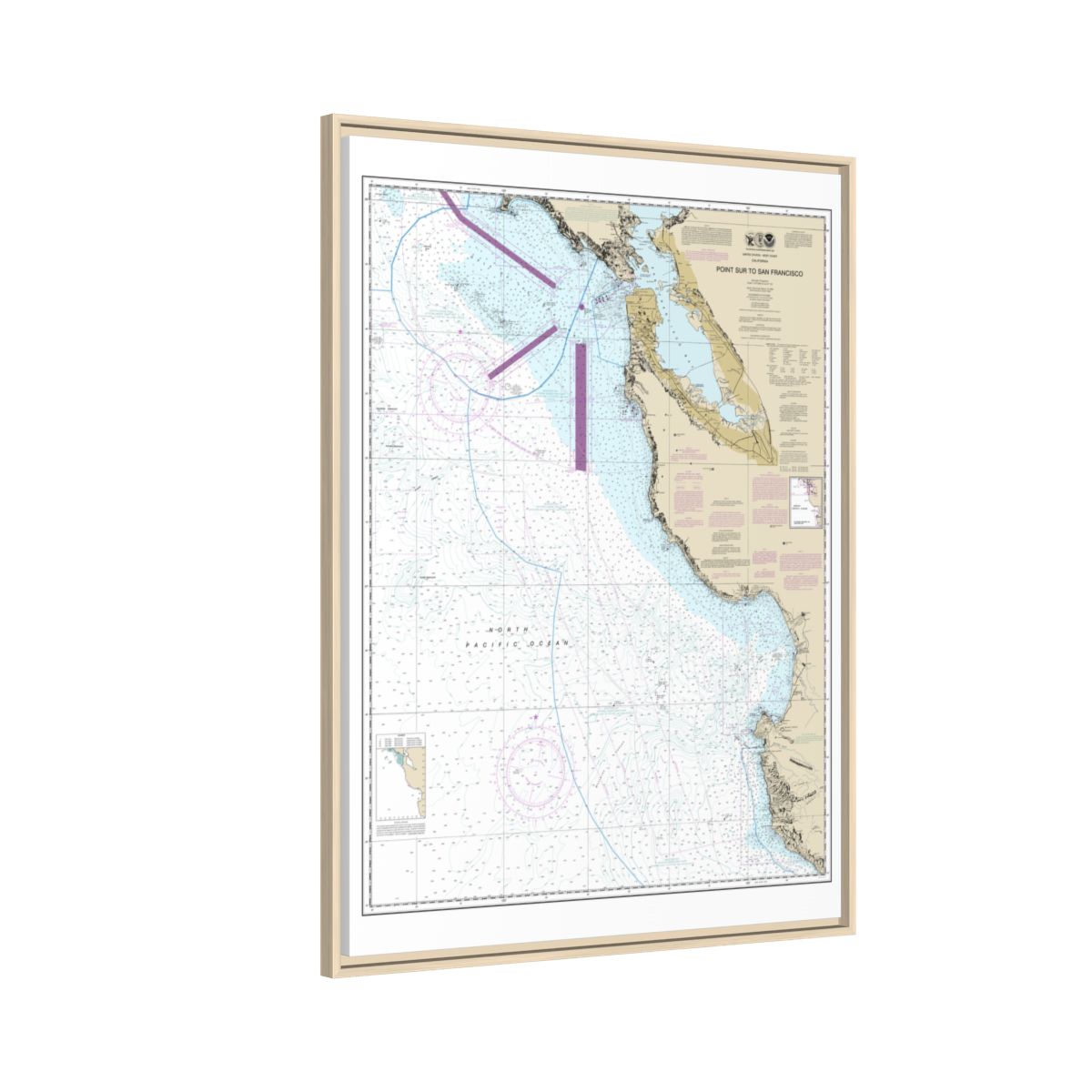Chart 18680 Point Sur to San Francisco - NOAA Nautical Chart Floating Frame Canvas | 24" x 32" | 30" x 40" - Natural side