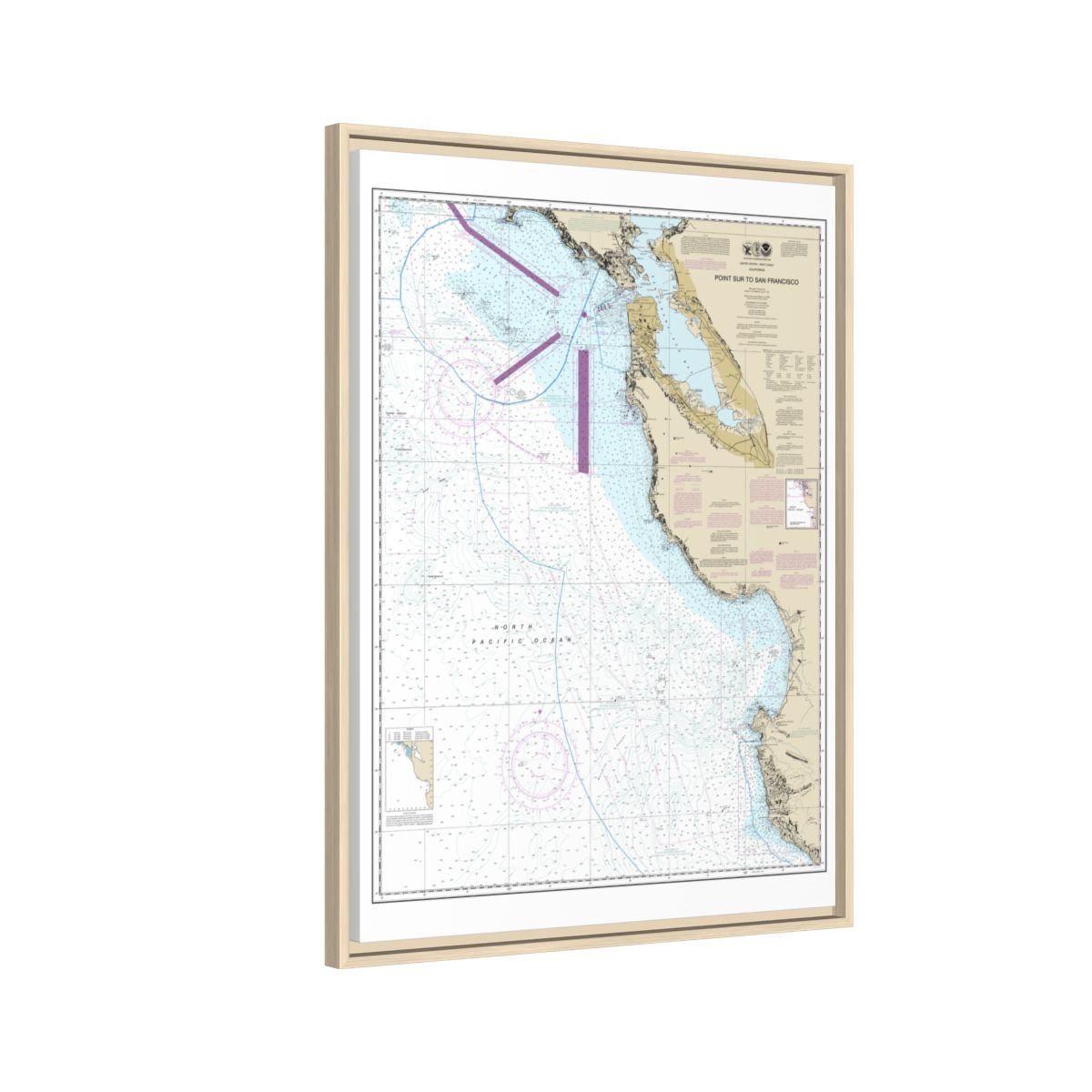 Chart 18680 Point Sur to San Francisco - NOAA Nautical Chart Floating Frame Canvas | 24" x 32" | 30" x 40" - Natural side