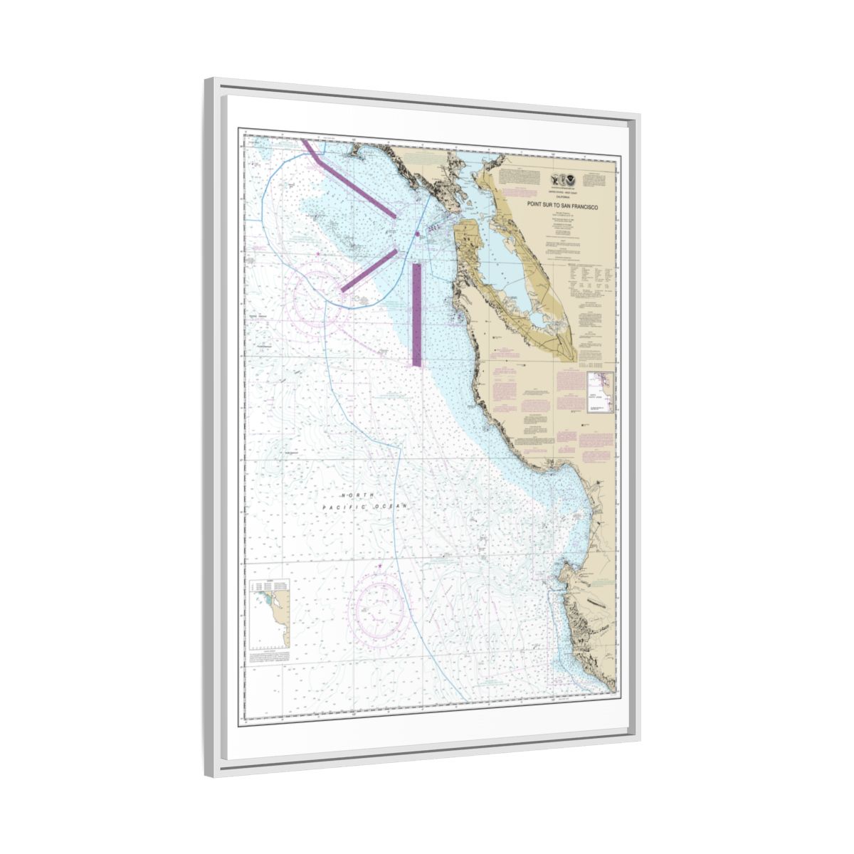 Chart 18680 Point Sur to San Francisco - NOAA Nautical Chart Floating Frame Canvas | 24" x 32" | 30" x 40" - White side