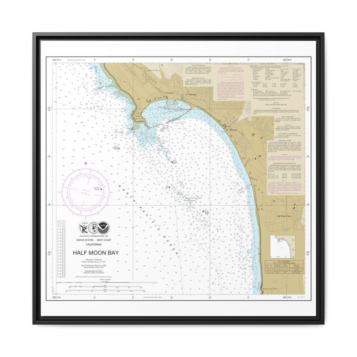 Chart 18682 Half Moon Bay - NOAA Nautical Chart Floating Frame Canvas | 32" x 32" - Black front