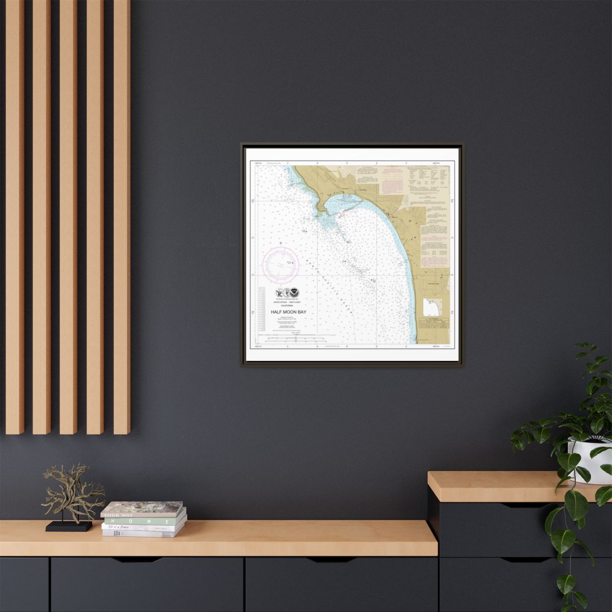 Chart 18682 Half Moon Bay - NOAA Nautical Chart Floating Frame Canvas | 32" x 32" - Espresso context-2