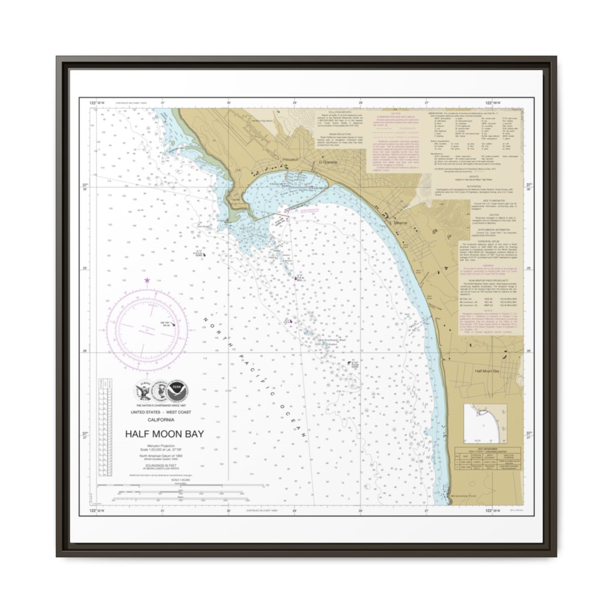 Chart 18682 Half Moon Bay - NOAA Nautical Chart Floating Frame Canvas | 32" x 32" - Espresso front