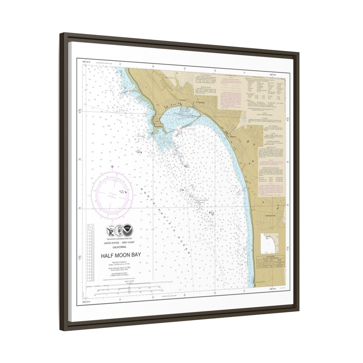Chart 18682 Half Moon Bay - NOAA Nautical Chart Floating Frame Canvas | 32" x 32" - Espresso side