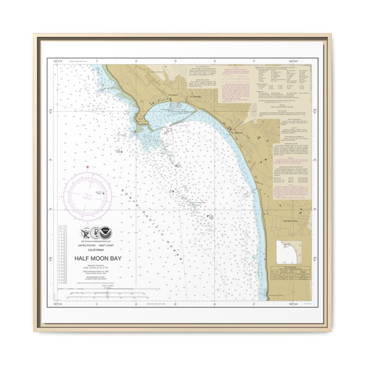 Chart 18682 Half Moon Bay - NOAA Nautical Chart Floating Frame Canvas | 32" x 32" - Natural front