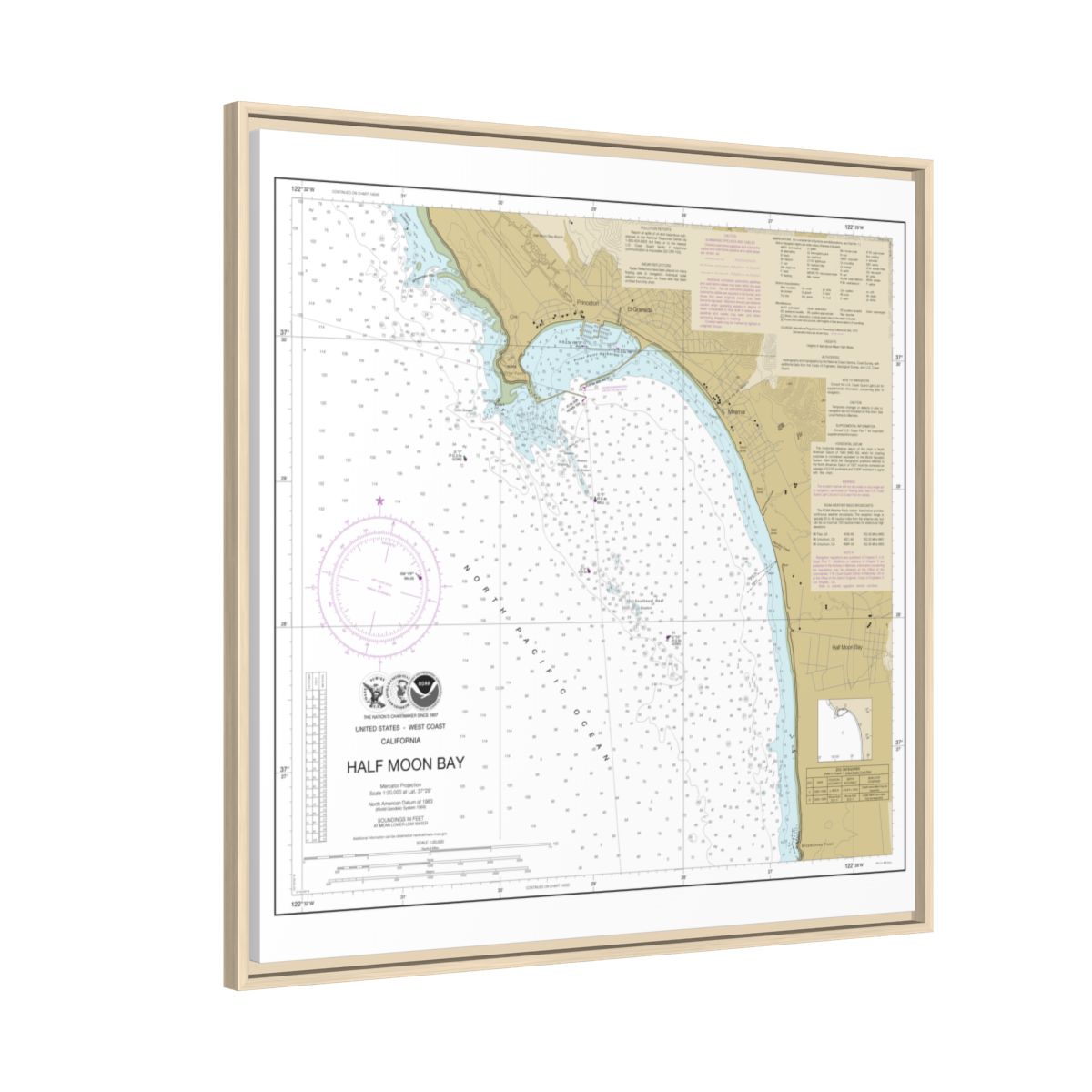 Chart 18682 Half Moon Bay - NOAA Nautical Chart Floating Frame Canvas | 32" x 32" - Natural side