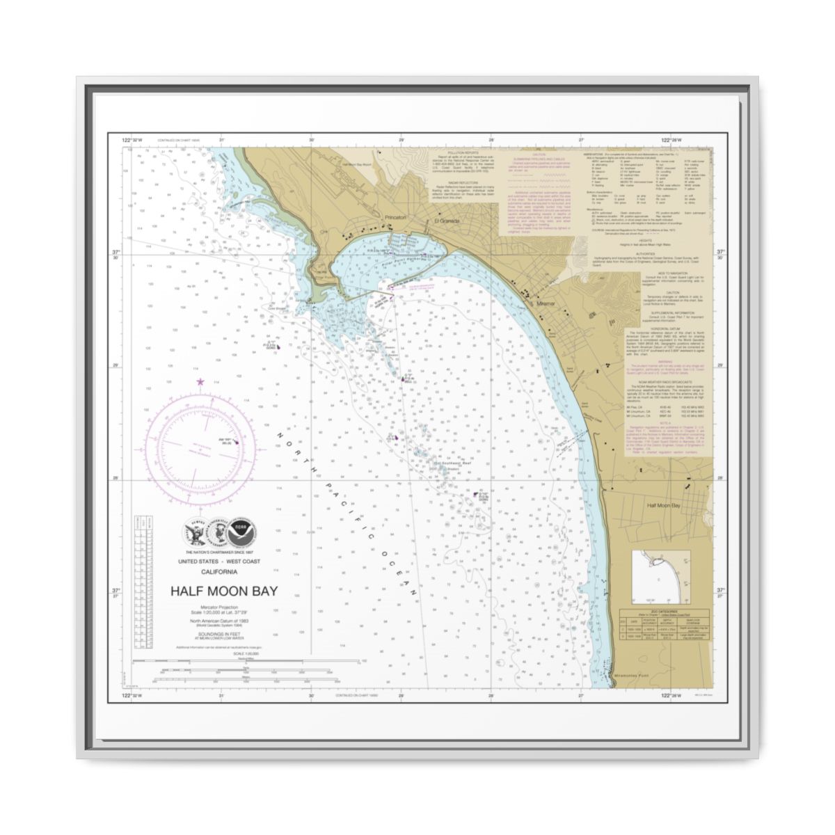 Chart 18682 Half Moon Bay - NOAA Nautical Chart Floating Frame Canvas | 32" x 32" - White front