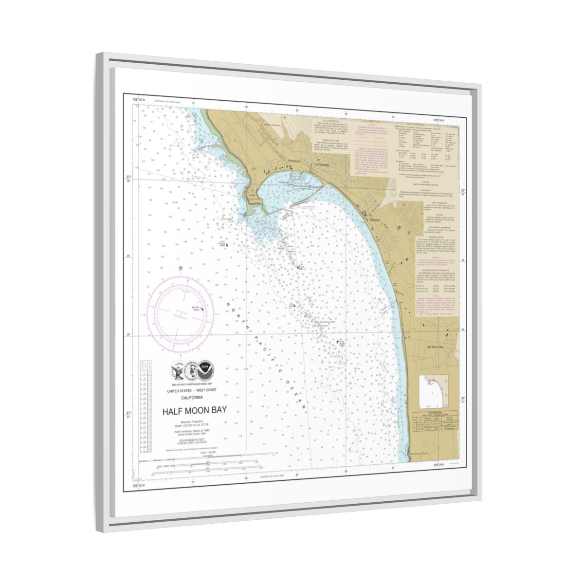 Chart 18682 Half Moon Bay - NOAA Nautical Chart Floating Frame Canvas | 32" x 32" - White side