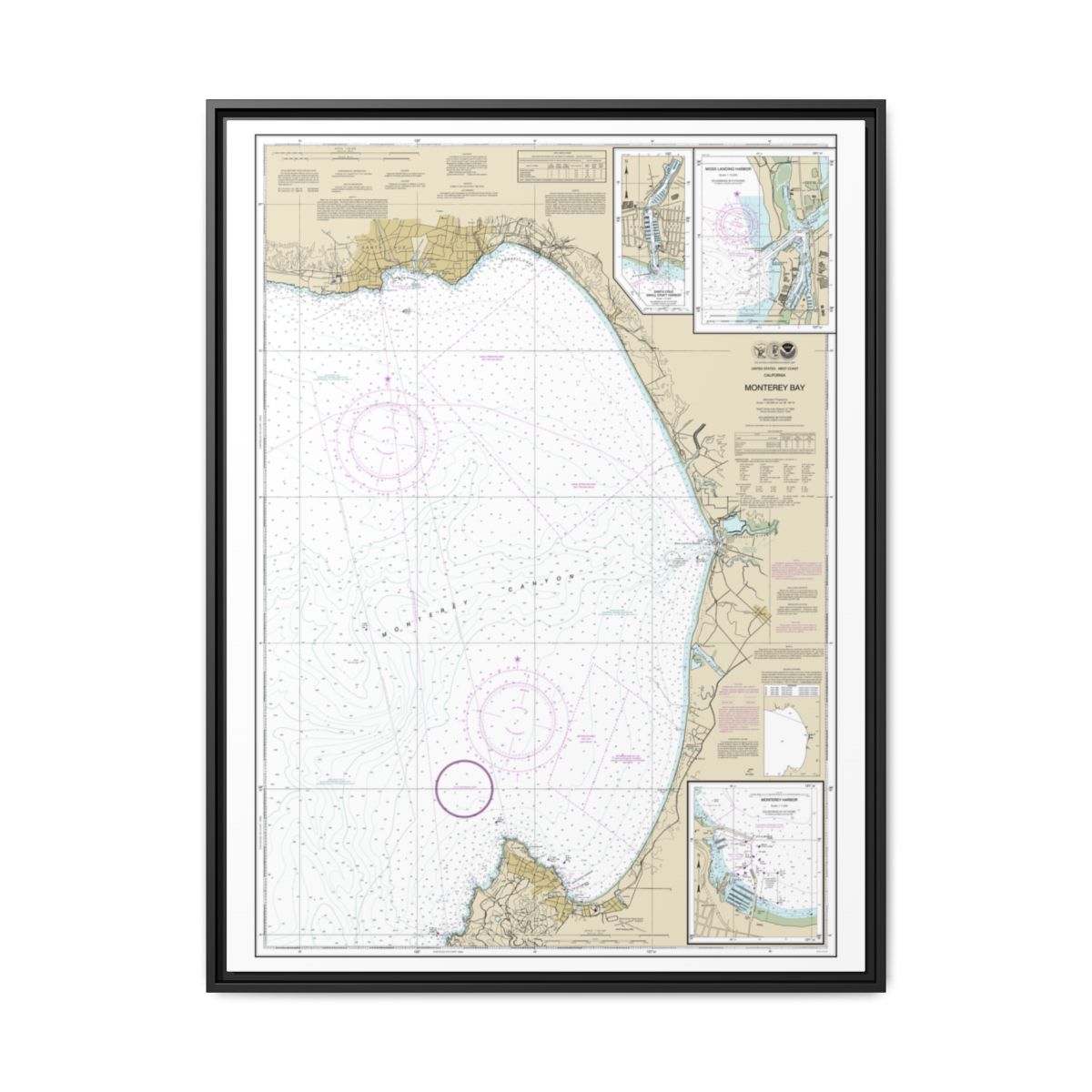 Chart 18685 Monterey Bay;Monterey Harbor;Moss Landing Harbor;Santa Cruz Small Craft Harbor - NOAA Nautical Chart Floating Frame Canvas | 24" x 32" | 30" x 40" - Black front