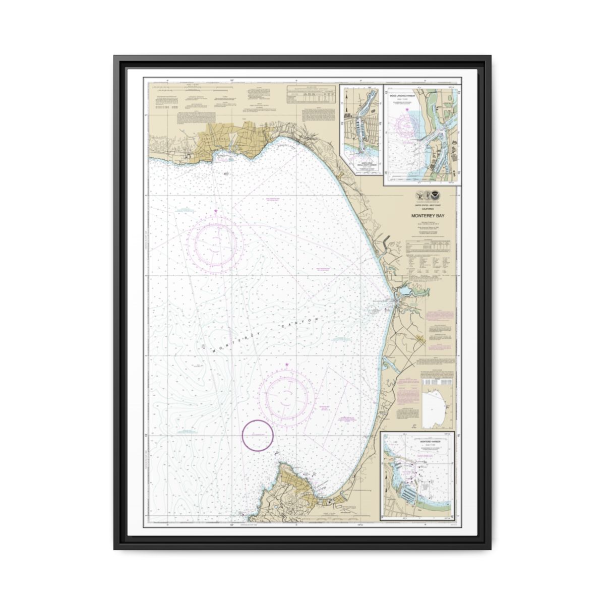 Chart 18685 Monterey Bay;Monterey Harbor;Moss Landing Harbor;Santa Cruz Small Craft Harbor - NOAA Nautical Chart Floating Frame Canvas | 24" x 32" | 30" x 40" - Black front