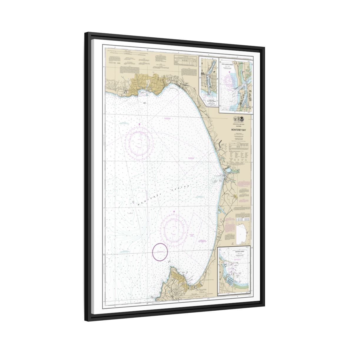 Chart 18685 Monterey Bay;Monterey Harbor;Moss Landing Harbor;Santa Cruz Small Craft Harbor - NOAA Nautical Chart Floating Frame Canvas | 24" x 32" | 30" x 40" - Black side