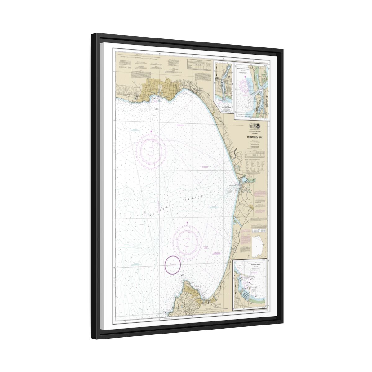 Chart 18685 Monterey Bay;Monterey Harbor;Moss Landing Harbor;Santa Cruz Small Craft Harbor - NOAA Nautical Chart Floating Frame Canvas | 24" x 32" | 30" x 40" - Black side
