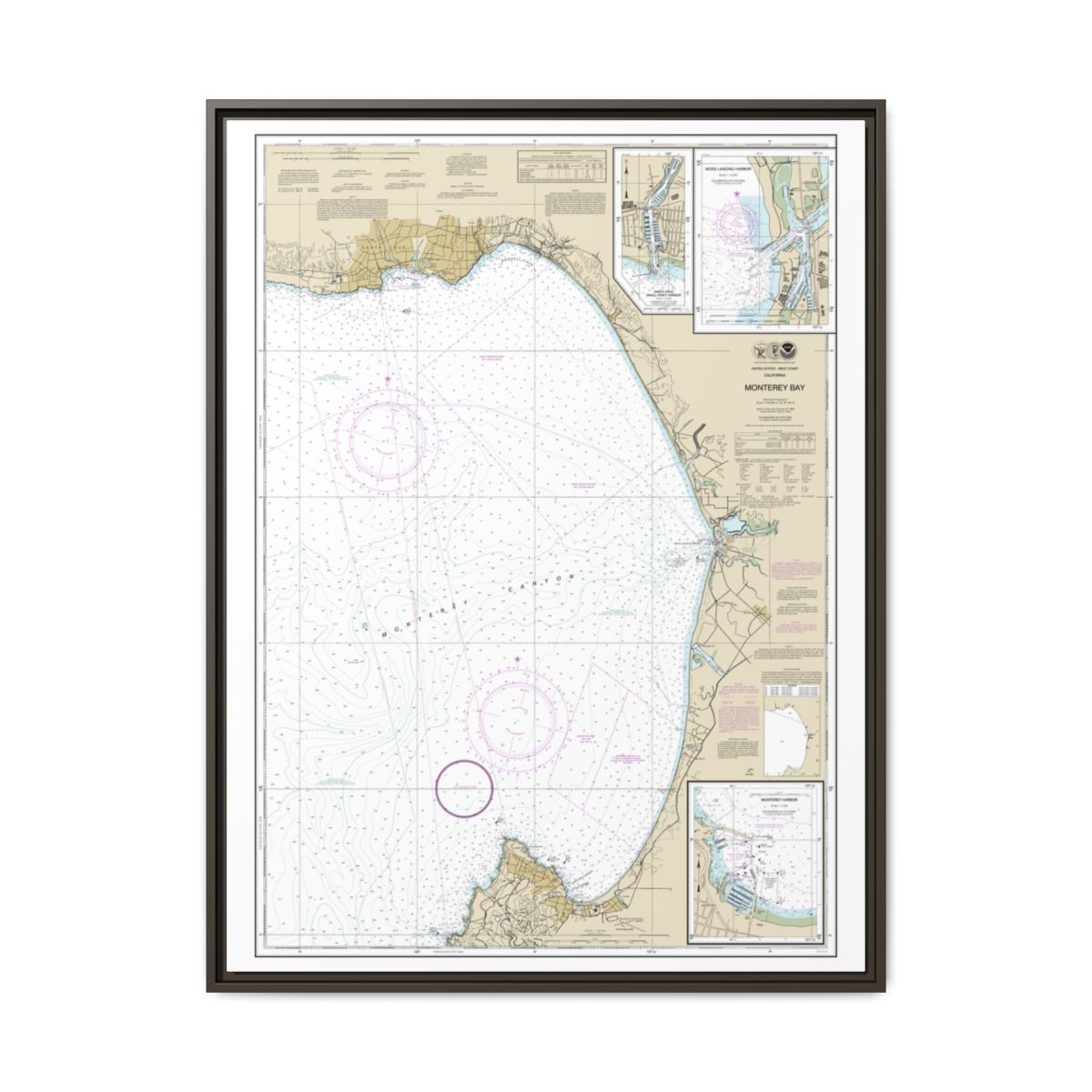 Chart 18685 Monterey Bay;Monterey Harbor;Moss Landing Harbor;Santa Cruz Small Craft Harbor - NOAA Nautical Chart Floating Frame Canvas | 24" x 32" | 30" x 40" - Espresso front