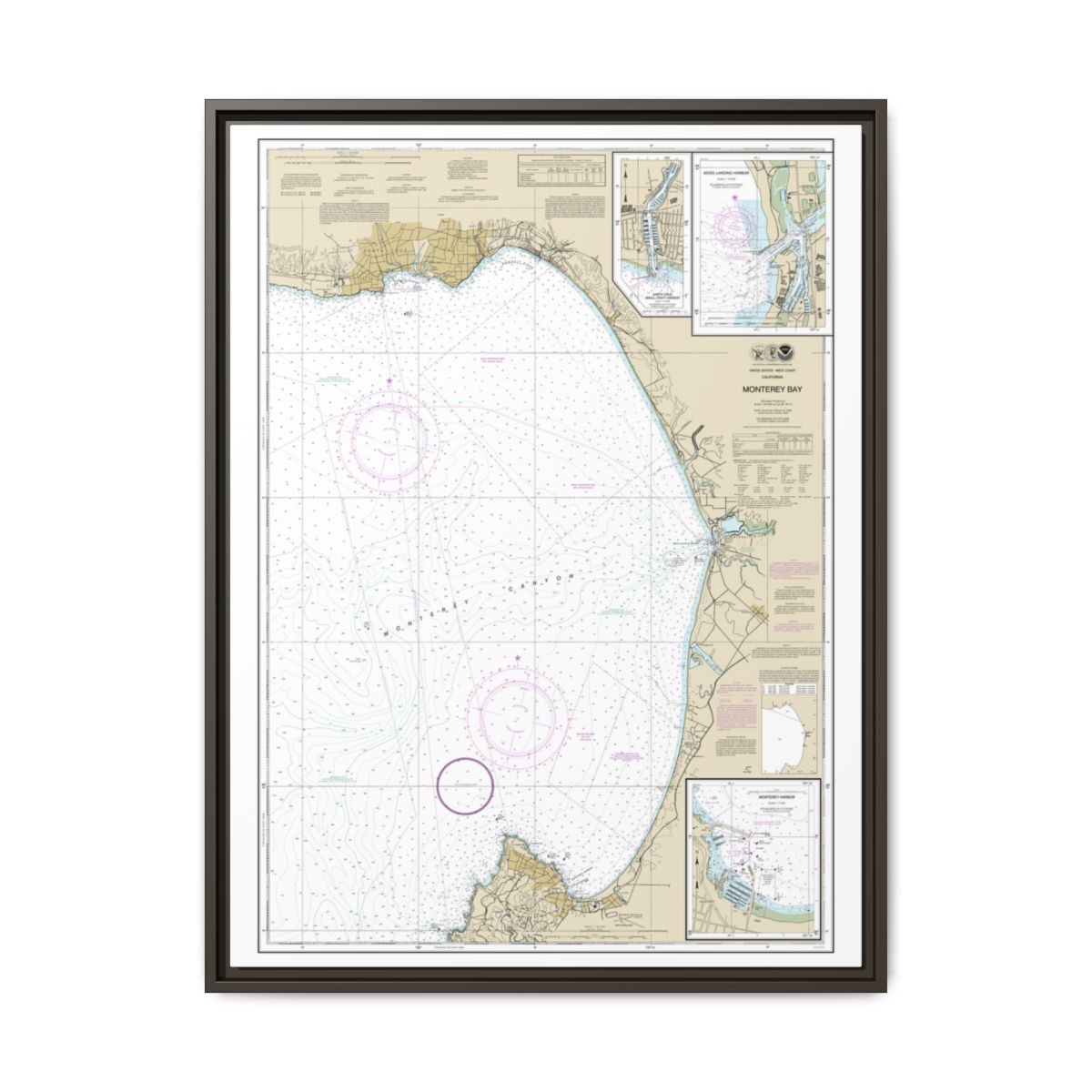 Chart 18685 Monterey Bay;Monterey Harbor;Moss Landing Harbor;Santa Cruz Small Craft Harbor - NOAA Nautical Chart Floating Frame Canvas | 24" x 32" | 30" x 40" - Espresso front