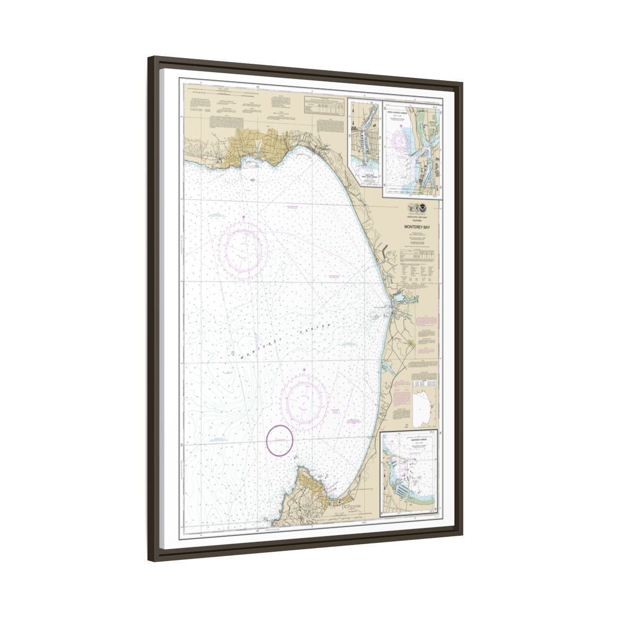 Chart 18685 Monterey Bay;Monterey Harbor;Moss Landing Harbor;Santa Cruz Small Craft Harbor - NOAA Nautical Chart Floating Frame Canvas | 24" x 32" | 30" x 40" - Espresso side