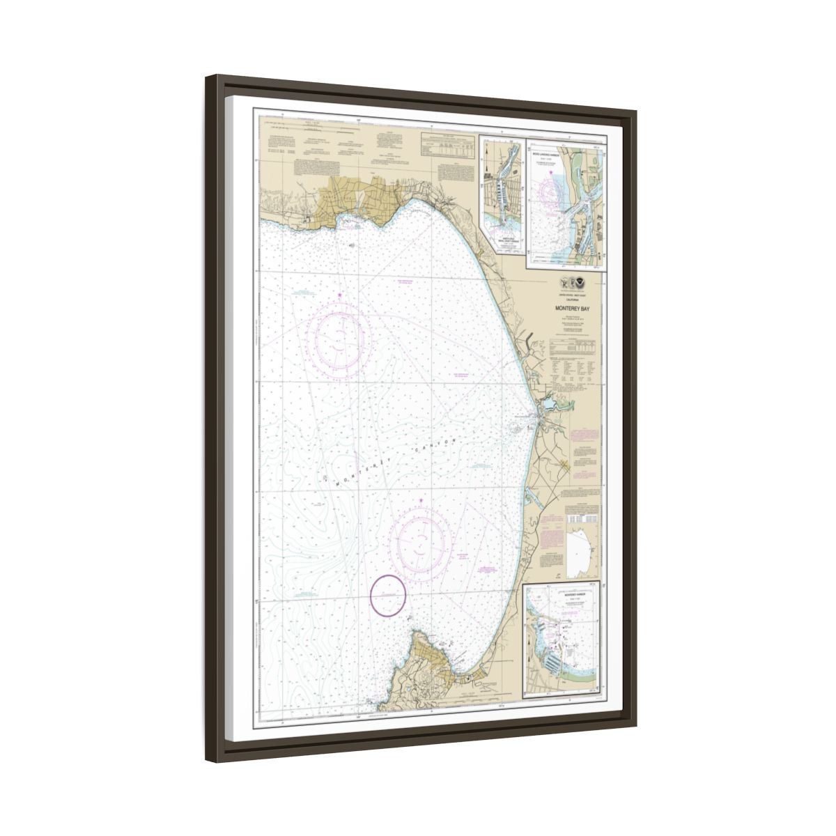 Chart 18685 Monterey Bay;Monterey Harbor;Moss Landing Harbor;Santa Cruz Small Craft Harbor - NOAA Nautical Chart Floating Frame Canvas | 24" x 32" | 30" x 40" - Espresso side