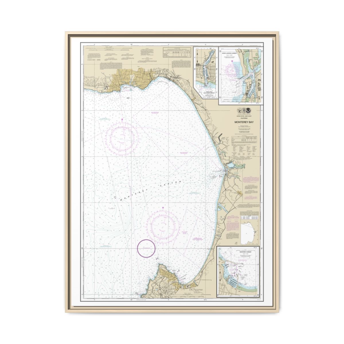 Chart 18685 Monterey Bay;Monterey Harbor;Moss Landing Harbor;Santa Cruz Small Craft Harbor - NOAA Nautical Chart Floating Frame Canvas | 24" x 32" | 30" x 40" - Natural front