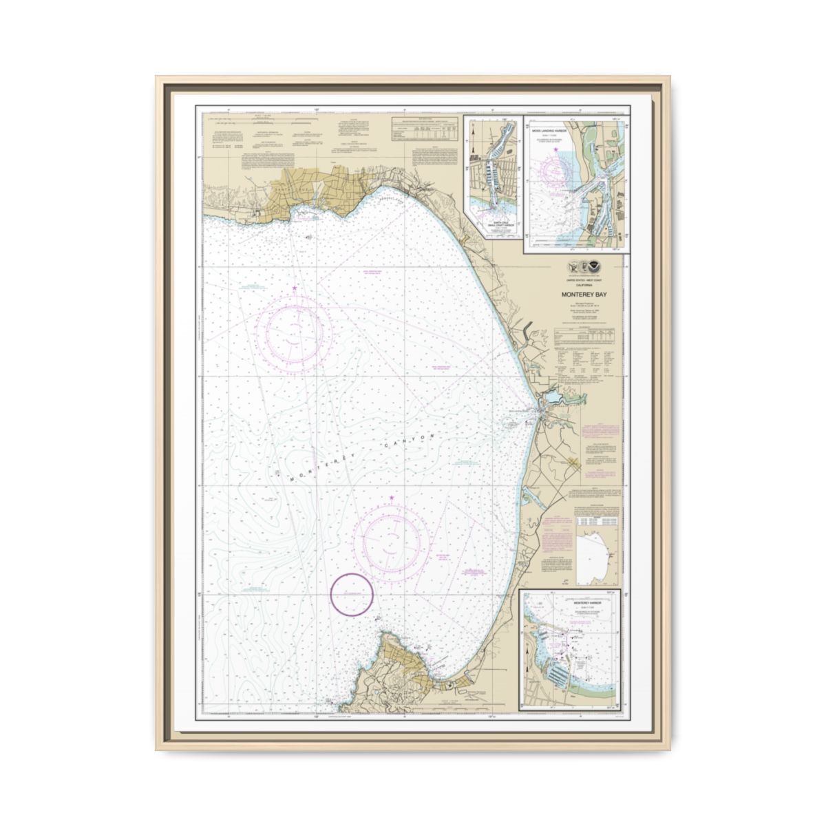 Chart 18685 Monterey Bay;Monterey Harbor;Moss Landing Harbor;Santa Cruz Small Craft Harbor - NOAA Nautical Chart Floating Frame Canvas | 24" x 32" | 30" x 40" - Natural front