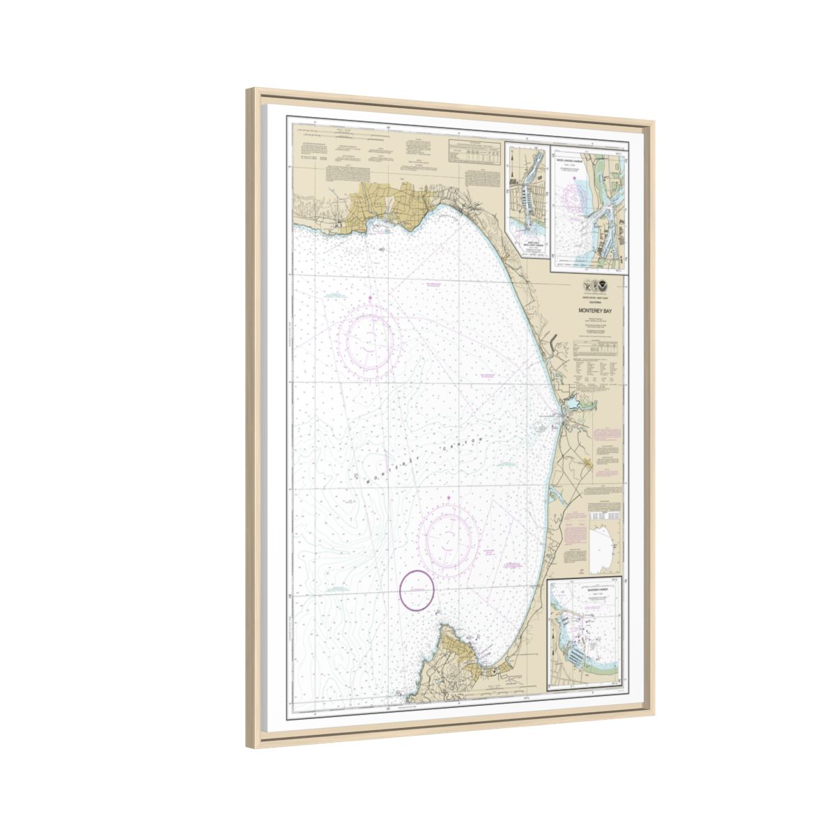 Chart 18685 Monterey Bay;Monterey Harbor;Moss Landing Harbor;Santa Cruz Small Craft Harbor - NOAA Nautical Chart Floating Frame Canvas | 24" x 32" | 30" x 40" - Natural side