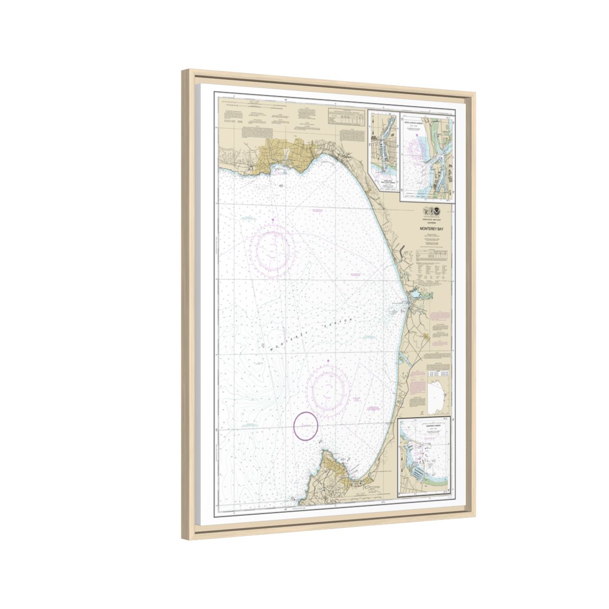 Chart 18685 Monterey Bay;Monterey Harbor;Moss Landing Harbor;Santa Cruz Small Craft Harbor - NOAA Nautical Chart Floating Frame Canvas | 24" x 32" | 30" x 40" - Natural side