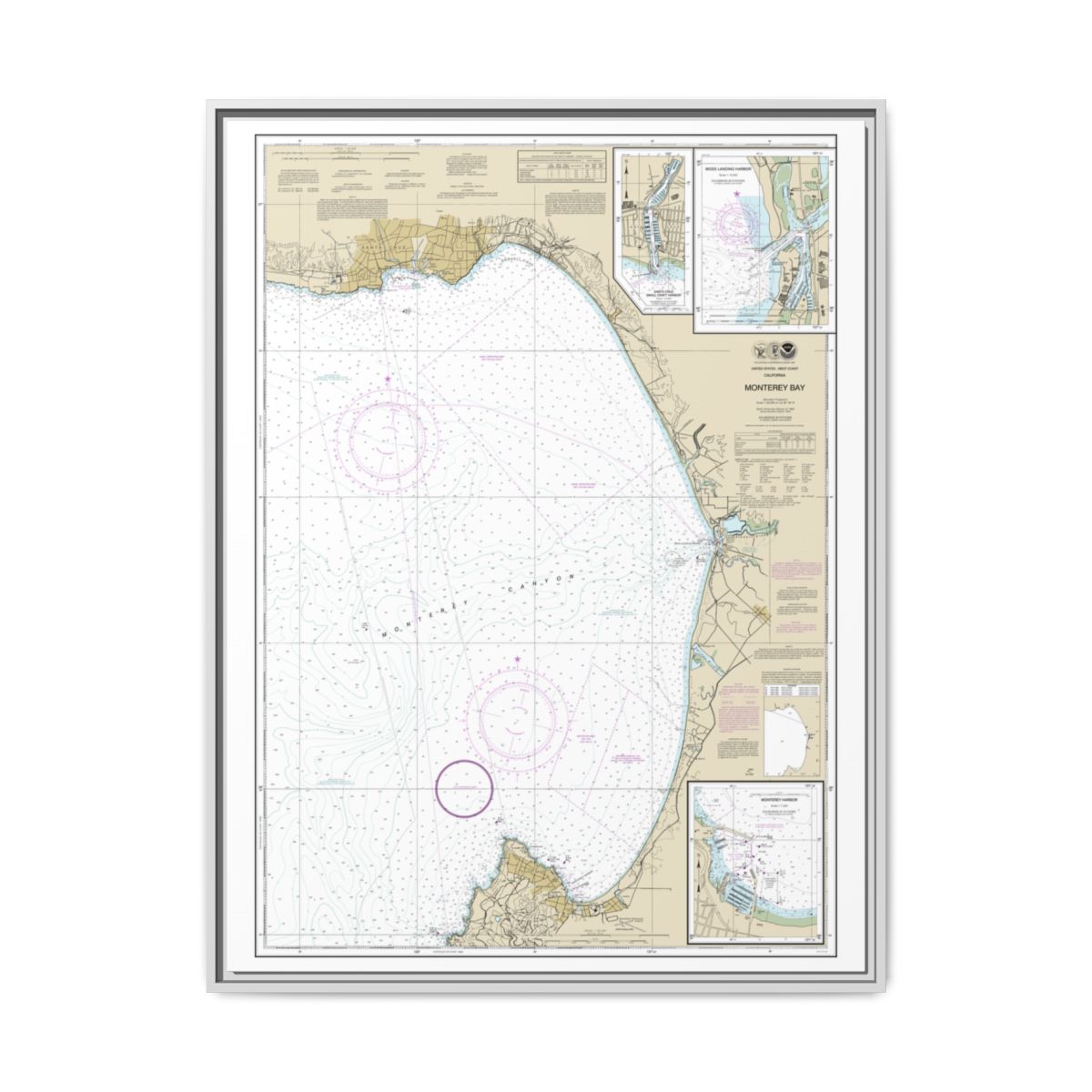 Chart 18685 Monterey Bay;Monterey Harbor;Moss Landing Harbor;Santa Cruz Small Craft Harbor - NOAA Nautical Chart Floating Frame Canvas | 24" x 32" | 30" x 40" - White front