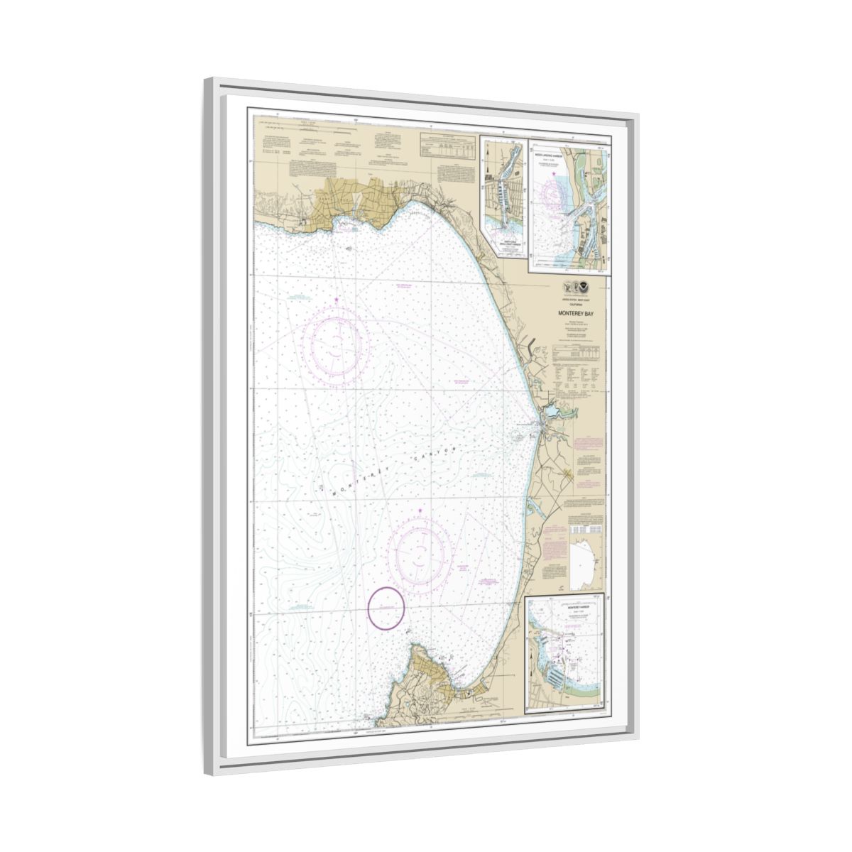 Chart 18685 Monterey Bay;Monterey Harbor;Moss Landing Harbor;Santa Cruz Small Craft Harbor - NOAA Nautical Chart Floating Frame Canvas | 24" x 32" | 30" x 40" - White side