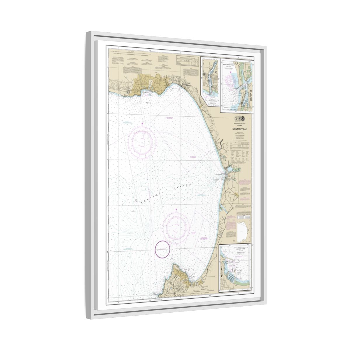 Chart 18685 Monterey Bay;Monterey Harbor;Moss Landing Harbor;Santa Cruz Small Craft Harbor - NOAA Nautical Chart Floating Frame Canvas | 24" x 32" | 30" x 40" - White side