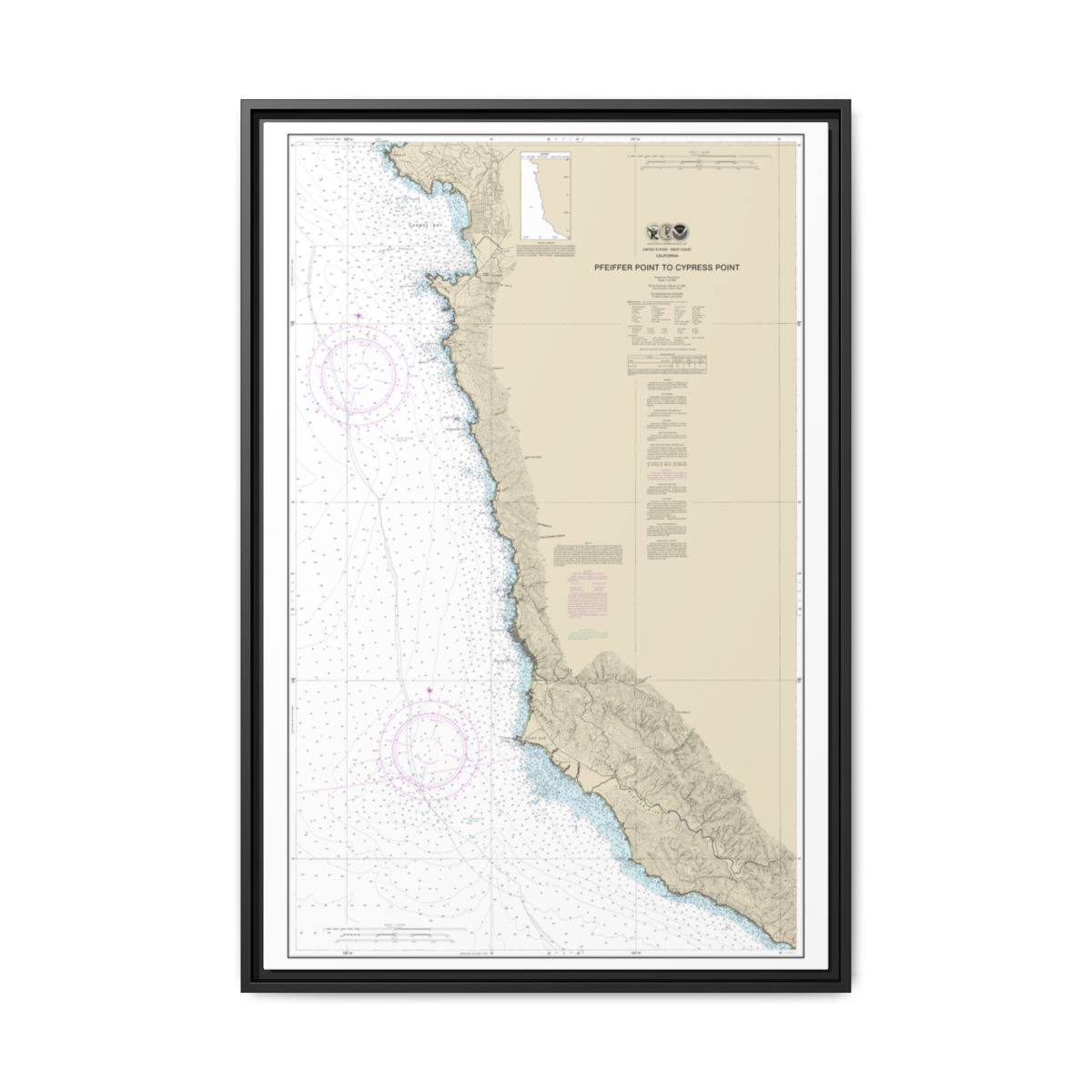 Chart 18686 Pfeiffer Point to Cypress Point - NOAA Nautical Chart Floating Frame Canvas | 20" x 30" | 24" x 36" | 32" x 48" - Black front