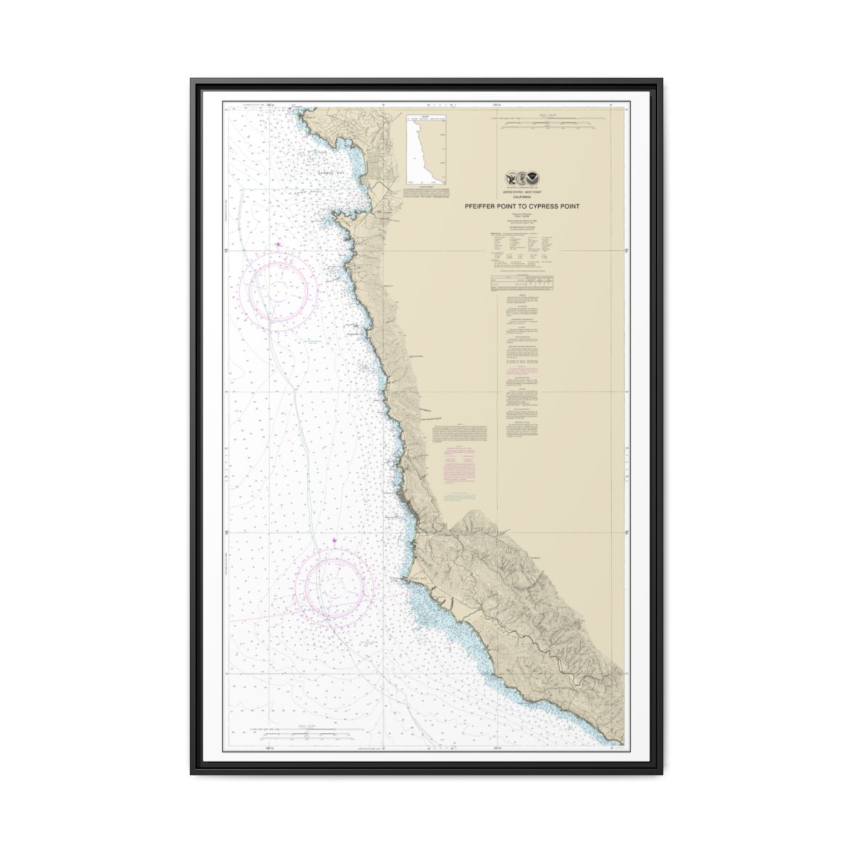Chart 18686 Pfeiffer Point to Cypress Point - NOAA Nautical Chart Floating Frame Canvas | 20" x 30" | 24" x 36" | 32" x 48" - Black front