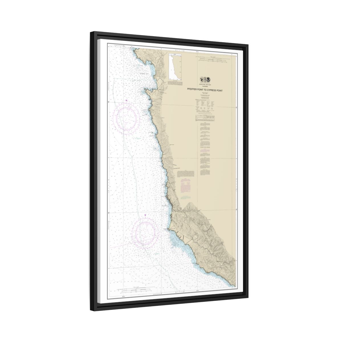 Chart 18686 Pfeiffer Point to Cypress Point - NOAA Nautical Chart Floating Frame Canvas | 20" x 30" | 24" x 36" | 32" x 48" - Black side