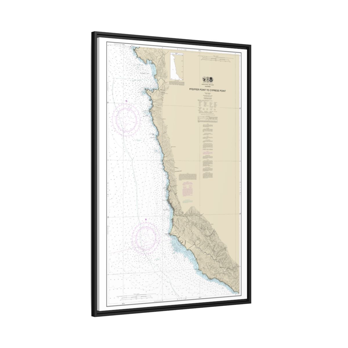 Chart 18686 Pfeiffer Point to Cypress Point - NOAA Nautical Chart Floating Frame Canvas | 20" x 30" | 24" x 36" | 32" x 48" - Black side