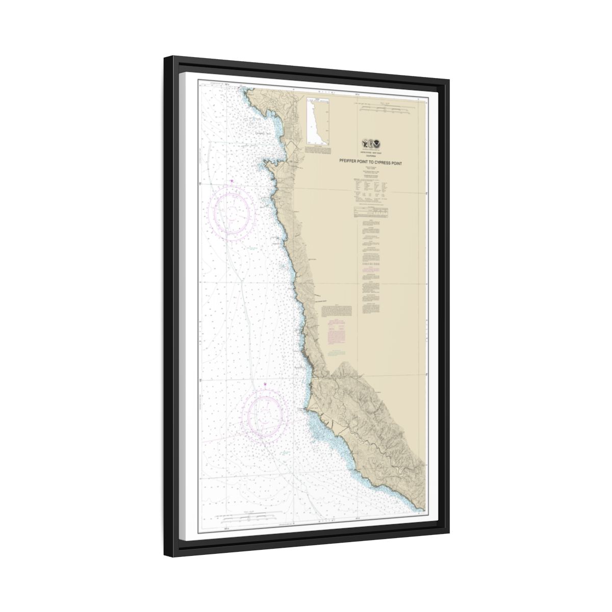 Chart 18686 Pfeiffer Point to Cypress Point - NOAA Nautical Chart Floating Frame Canvas | 20" x 30" | 24" x 36" | 32" x 48" - Black side