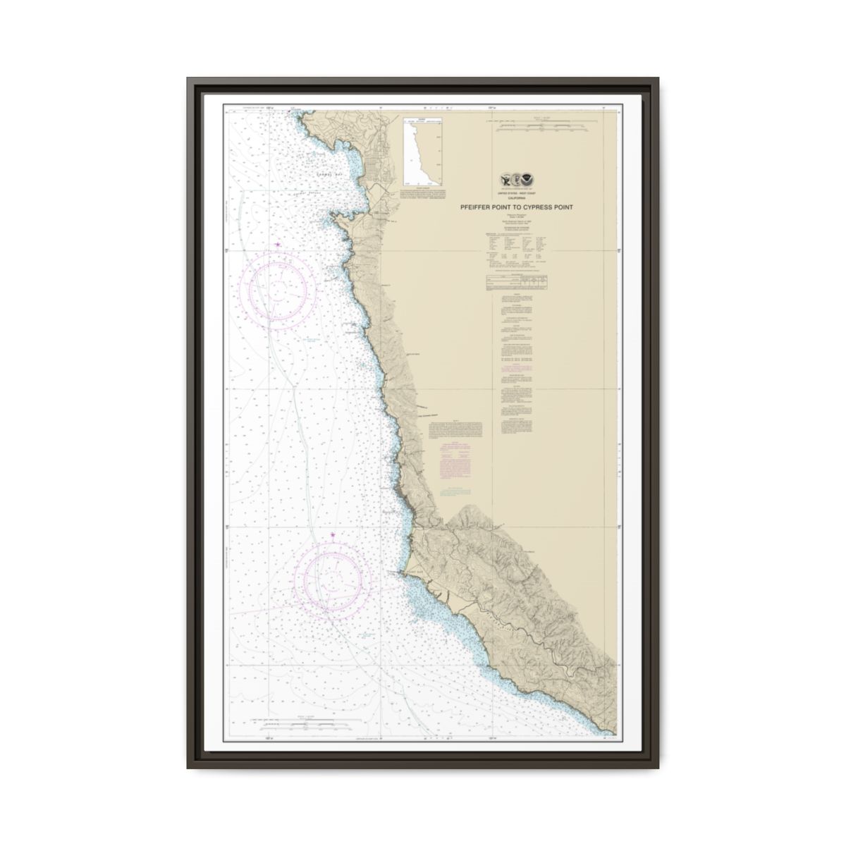 Chart 18686 Pfeiffer Point to Cypress Point - NOAA Nautical Chart Floating Frame Canvas | 20" x 30" | 24" x 36" | 32" x 48" - Espresso front