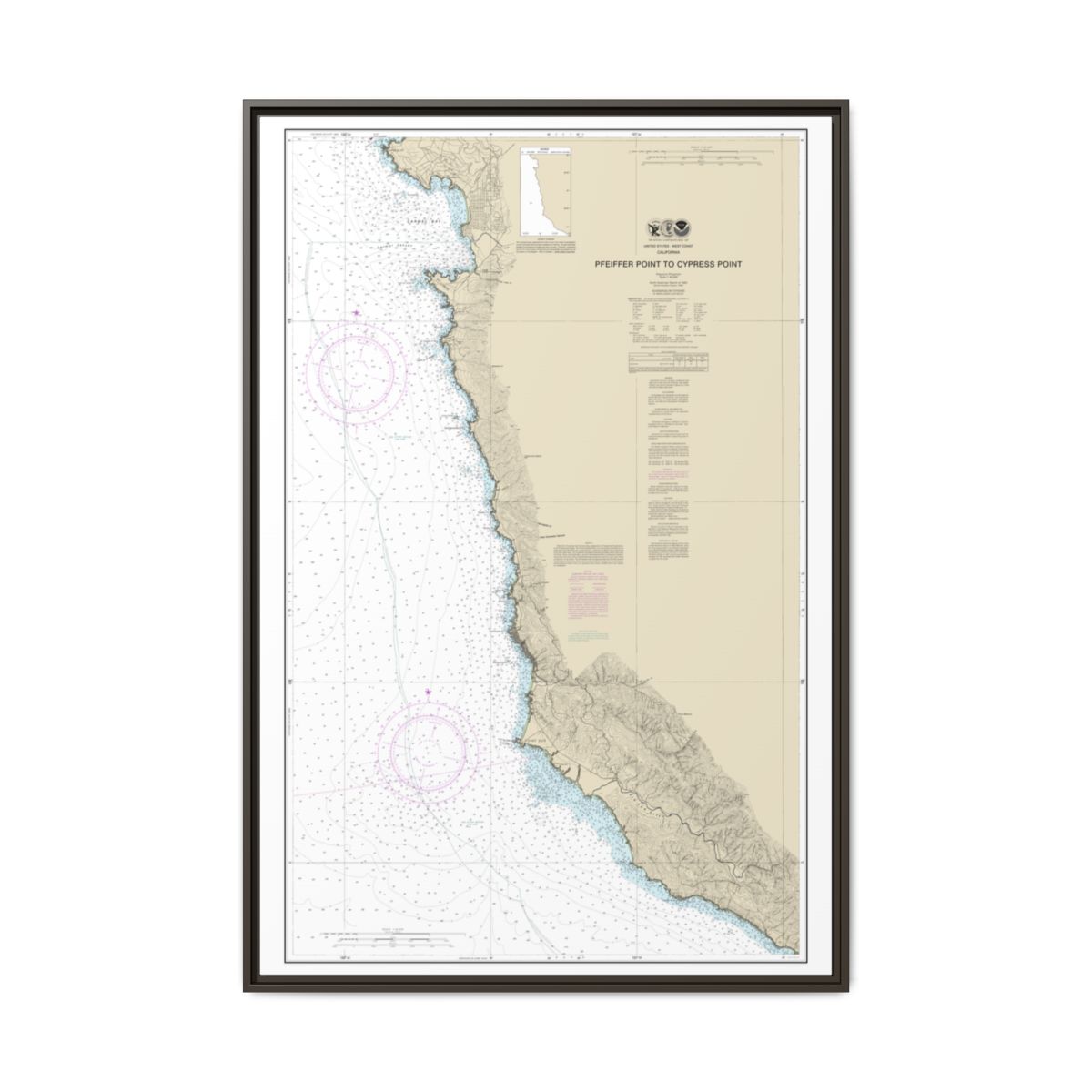 Chart 18686 Pfeiffer Point to Cypress Point - NOAA Nautical Chart Floating Frame Canvas | 20" x 30" | 24" x 36" | 32" x 48" - Espresso front