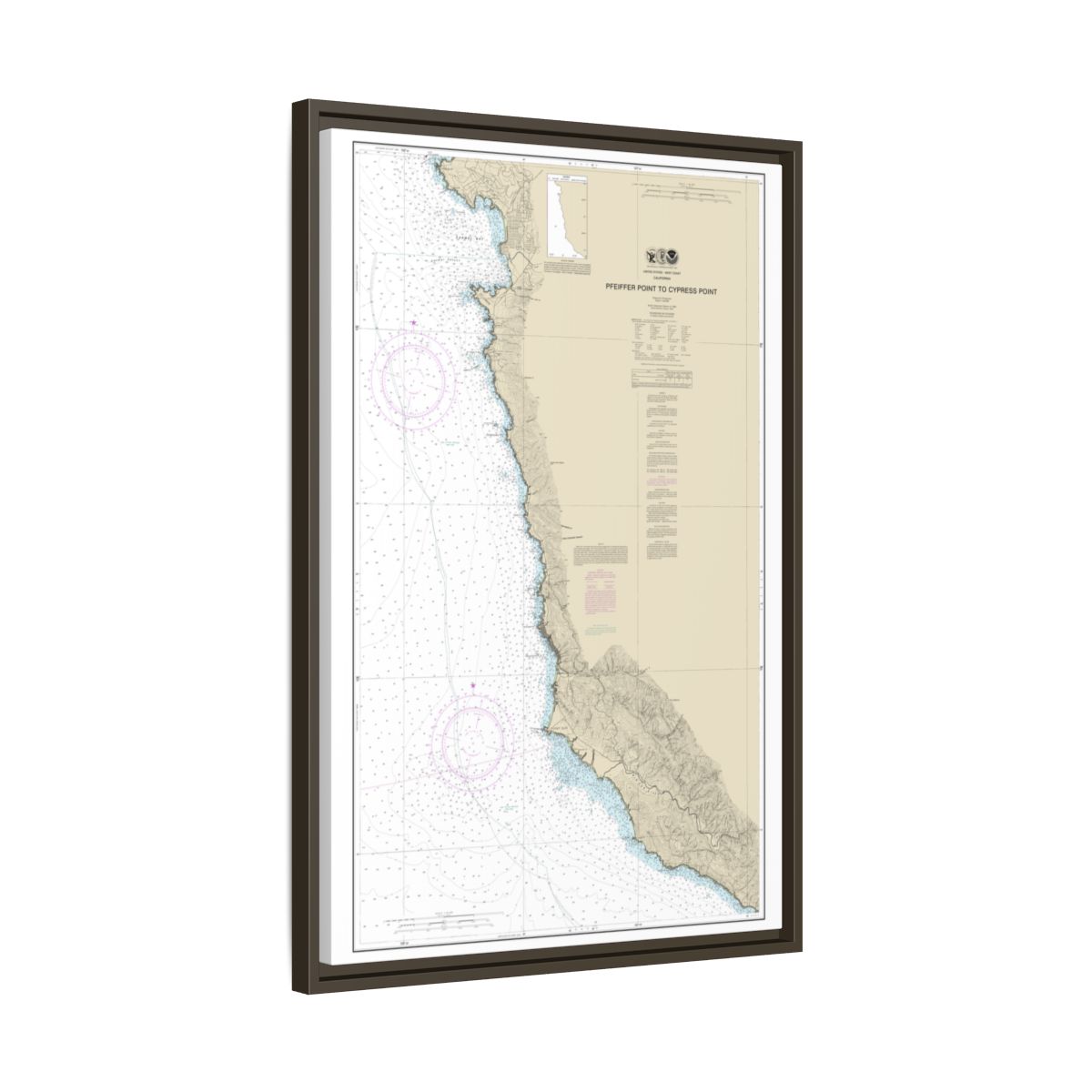 Chart 18686 Pfeiffer Point to Cypress Point - NOAA Nautical Chart Floating Frame Canvas | 20" x 30" | 24" x 36" | 32" x 48" - Espresso side