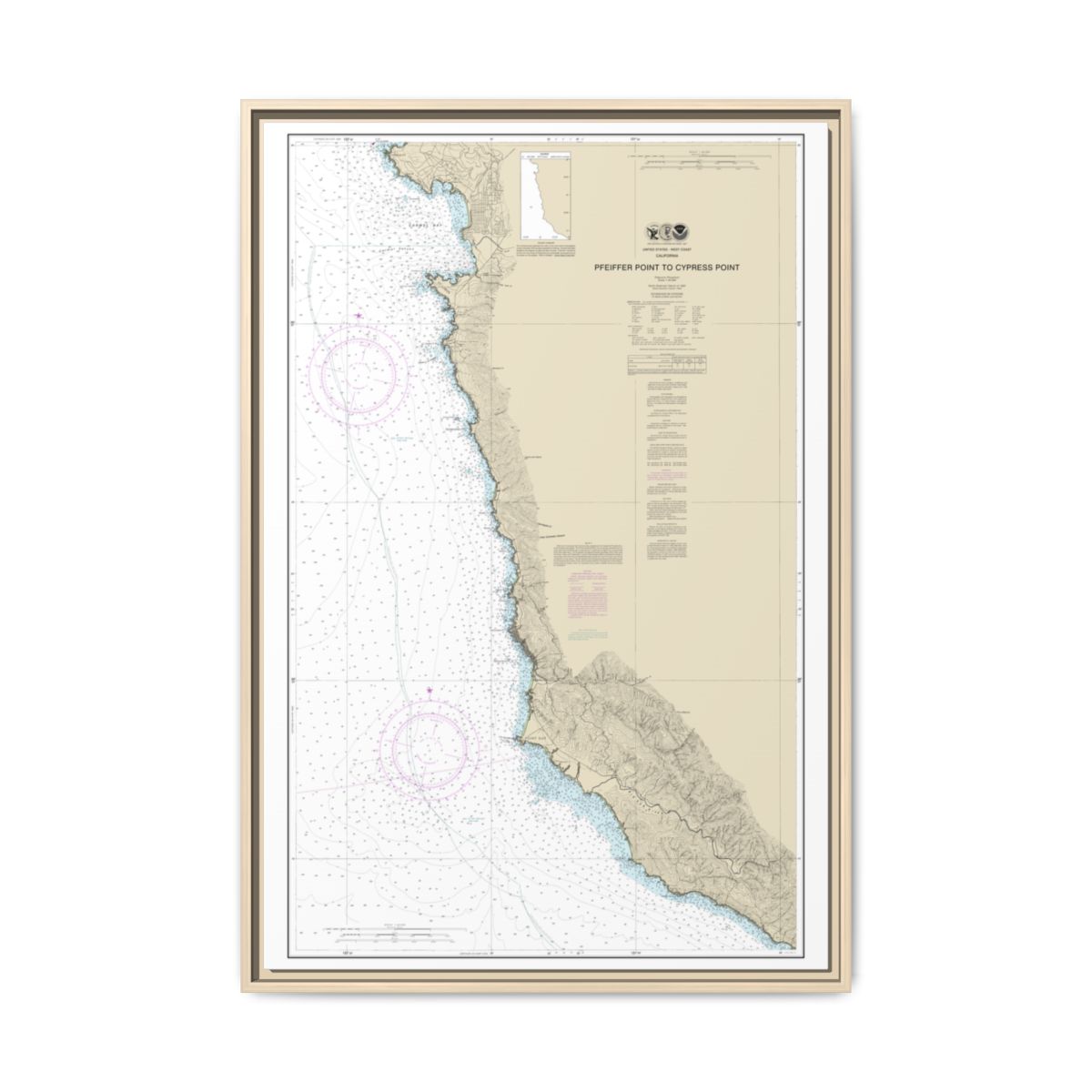Chart 18686 Pfeiffer Point to Cypress Point - NOAA Nautical Chart Floating Frame Canvas | 20" x 30" | 24" x 36" | 32" x 48" - Natural front