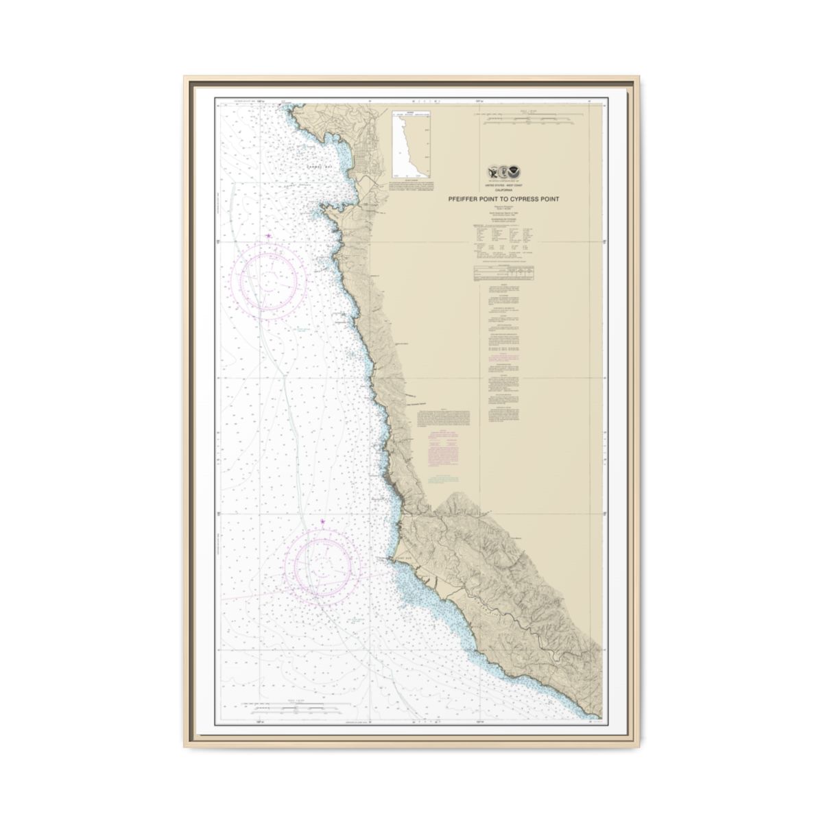 Chart 18686 Pfeiffer Point to Cypress Point - NOAA Nautical Chart Floating Frame Canvas | 20" x 30" | 24" x 36" | 32" x 48" - Natural front