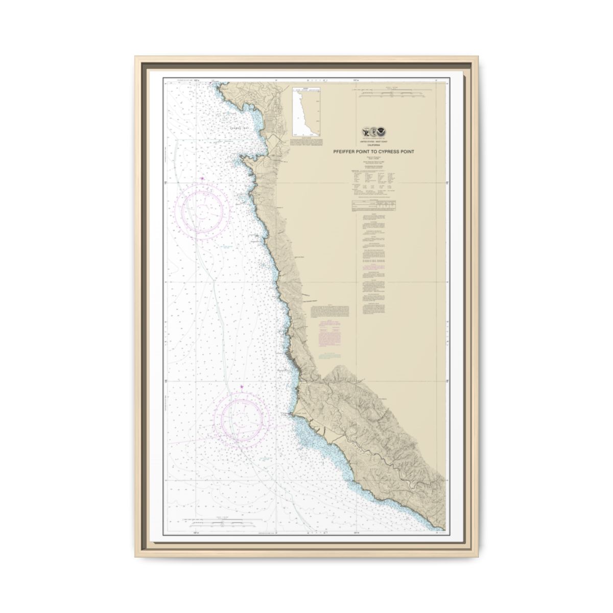 Chart 18686 Pfeiffer Point to Cypress Point - NOAA Nautical Chart Floating Frame Canvas | 20" x 30" | 24" x 36" | 32" x 48" - Natural front