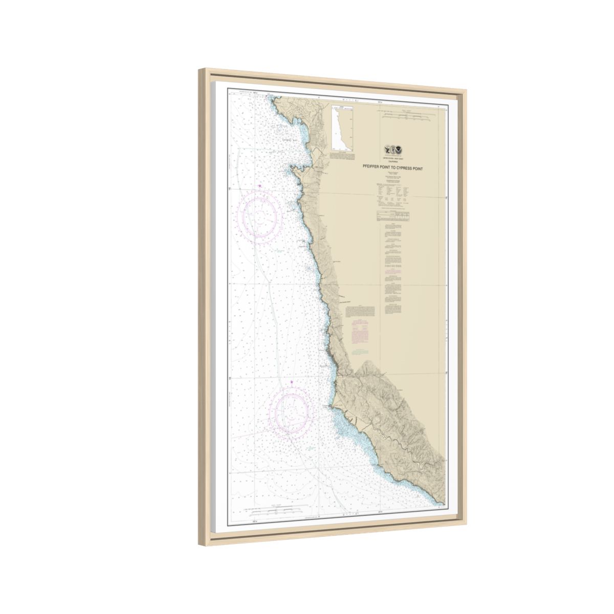 Chart 18686 Pfeiffer Point to Cypress Point - NOAA Nautical Chart Floating Frame Canvas | 20" x 30" | 24" x 36" | 32" x 48" - Natural side