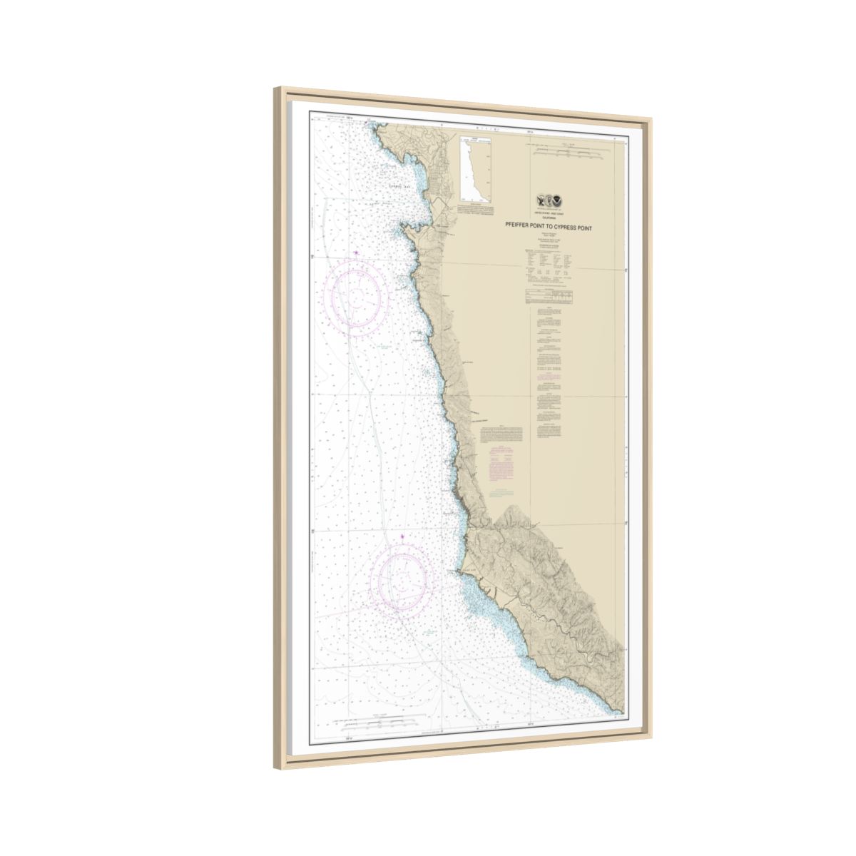 Chart 18686 Pfeiffer Point to Cypress Point - NOAA Nautical Chart Floating Frame Canvas | 20" x 30" | 24" x 36" | 32" x 48" - Natural side