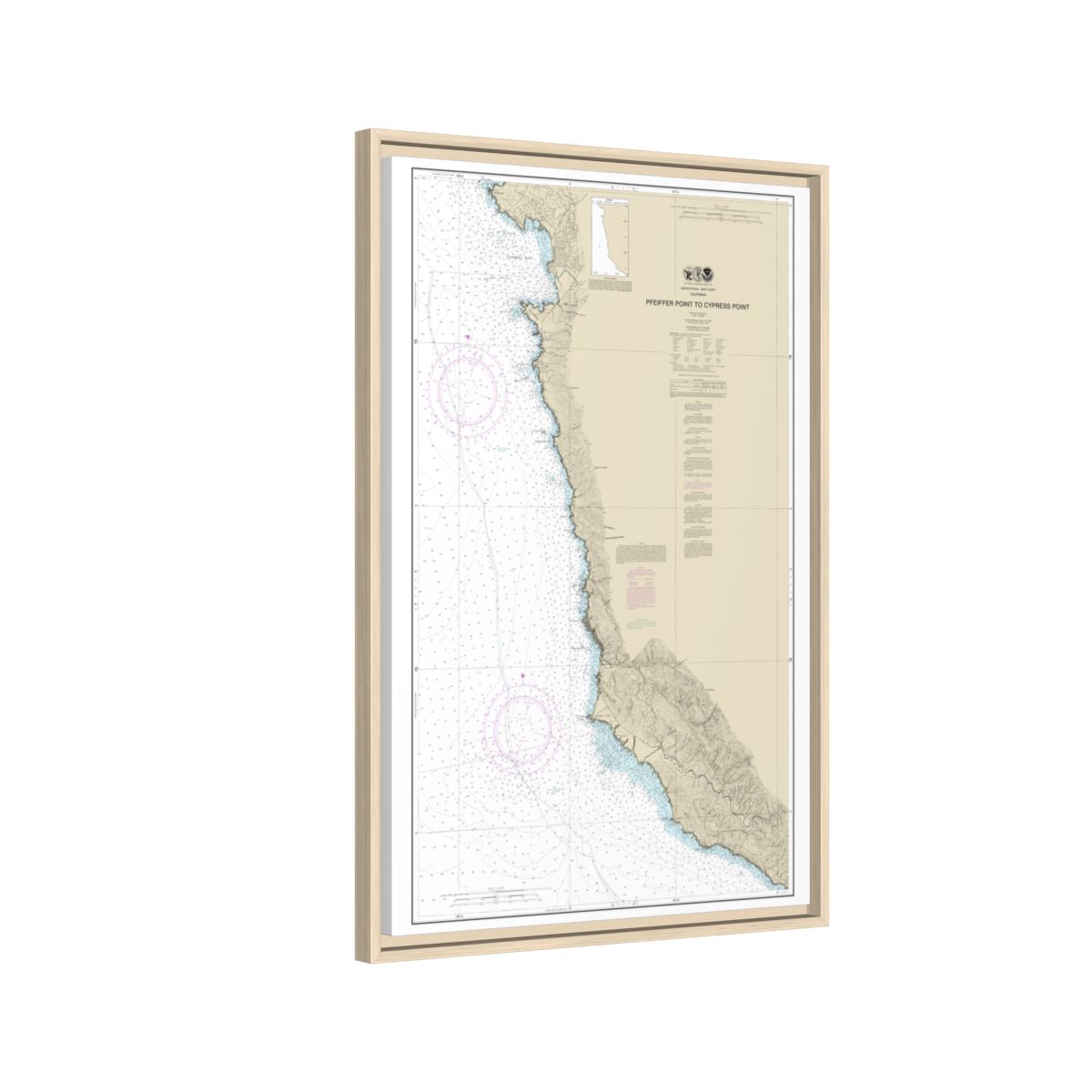 Chart 18686 Pfeiffer Point to Cypress Point - NOAA Nautical Chart Floating Frame Canvas | 20" x 30" | 24" x 36" | 32" x 48" - Natural side