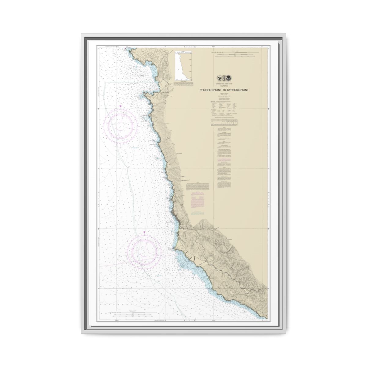Chart 18686 Pfeiffer Point to Cypress Point - NOAA Nautical Chart Floating Frame Canvas | 20" x 30" | 24" x 36" | 32" x 48" - White front
