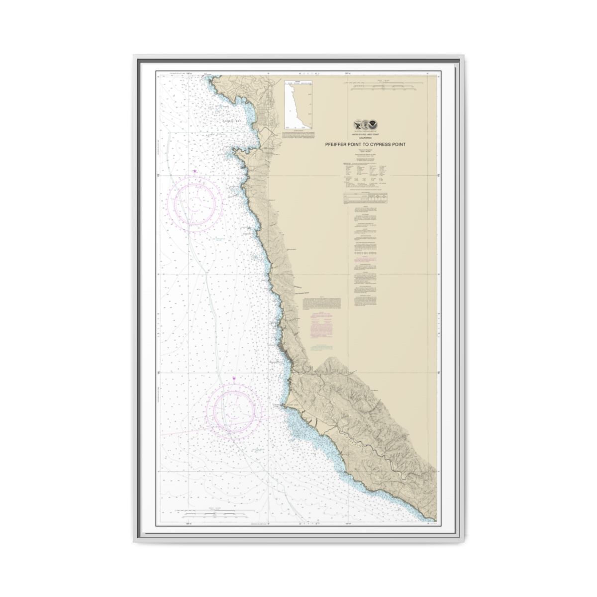 Chart 18686 Pfeiffer Point to Cypress Point - NOAA Nautical Chart Floating Frame Canvas | 20" x 30" | 24" x 36" | 32" x 48" - White front