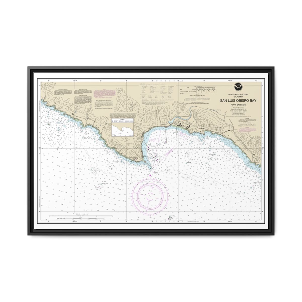 Chart 18704 San Luis Obispo Bay, Port San Luis - NOAA Nautical Chart Floating Frame Canvas | 30" x 20" | 36" x 24" | 48" x 32" - Black front