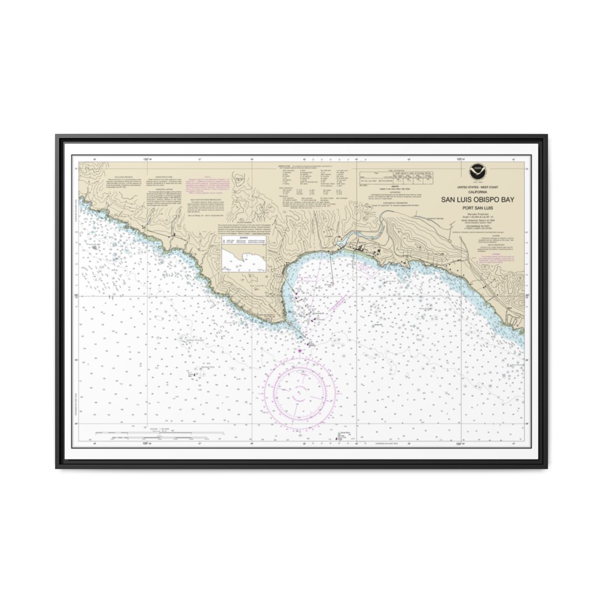 Chart 18704 San Luis Obispo Bay, Port San Luis - NOAA Nautical Chart Floating Frame Canvas | 30" x 20" | 36" x 24" | 48" x 32" - Black front