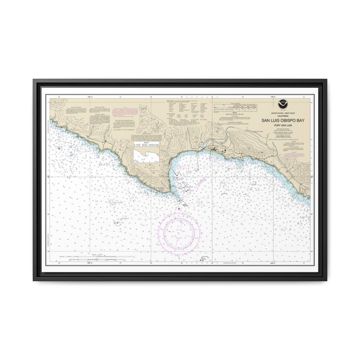 Chart 18704 San Luis Obispo Bay, Port San Luis - NOAA Nautical Chart Floating Frame Canvas | 30" x 20" | 36" x 24" | 48" x 32" - Black front