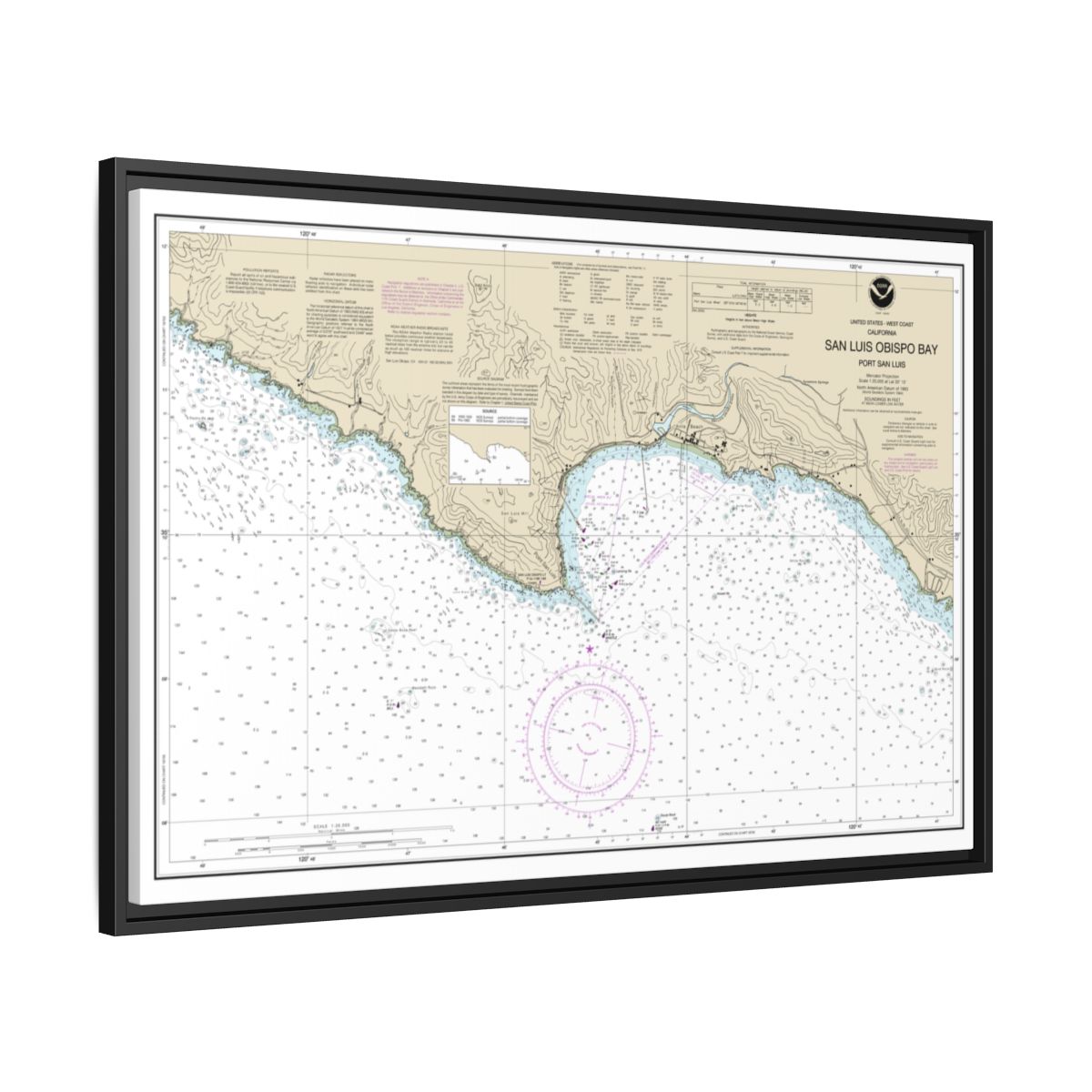 Chart 18704 San Luis Obispo Bay, Port San Luis - NOAA Nautical Chart Floating Frame Canvas | 30" x 20" | 36" x 24" | 48" x 32" - Black side