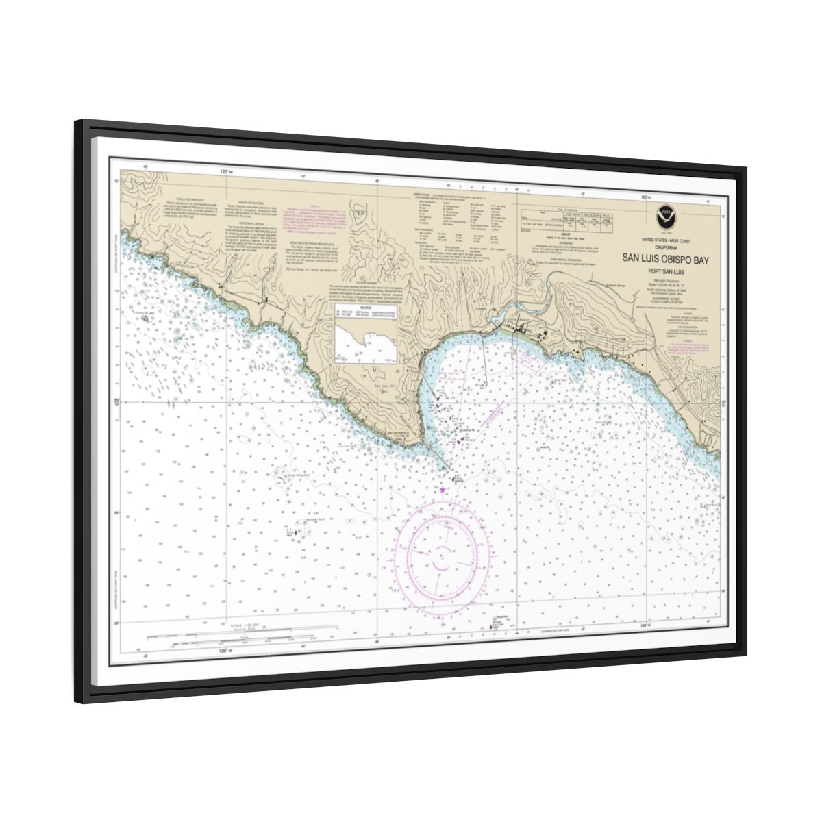 Chart 18704 San Luis Obispo Bay, Port San Luis - NOAA Nautical Chart Floating Frame Canvas | 30" x 20" | 36" x 24" | 48" x 32" - Black side