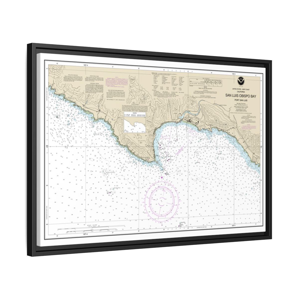 Chart 18704 San Luis Obispo Bay, Port San Luis - NOAA Nautical Chart Floating Frame Canvas | 30" x 20" | 36" x 24" | 48" x 32" - Black side