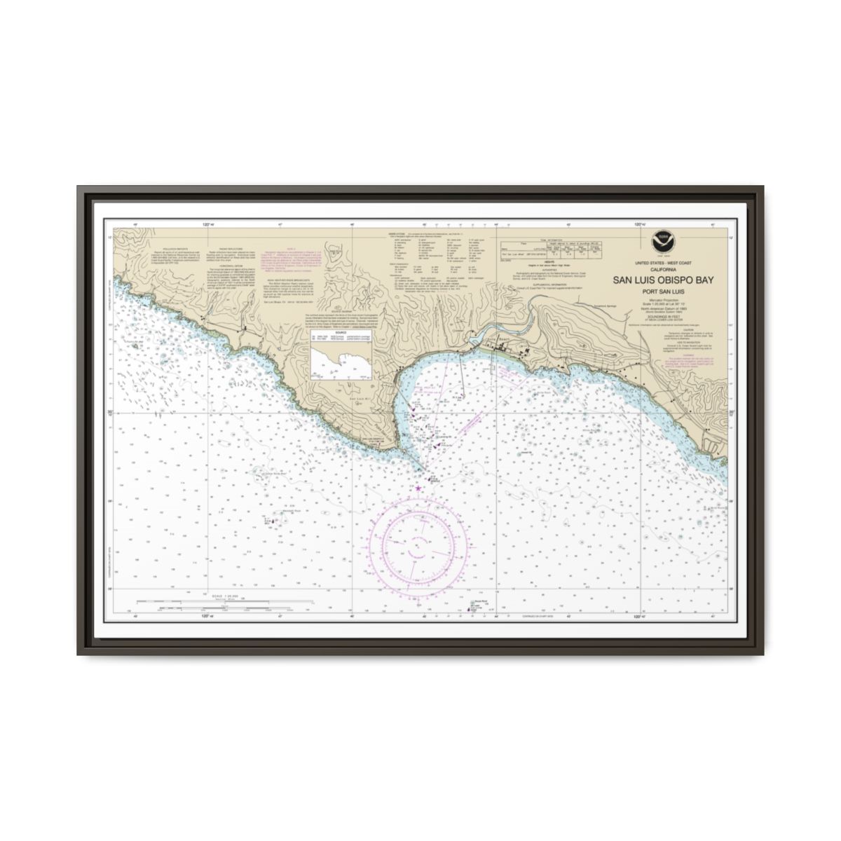 Chart 18704 San Luis Obispo Bay, Port San Luis - NOAA Nautical Chart Floating Frame Canvas | 30" x 20" | 36" x 24" | 48" x 32" - Espresso front